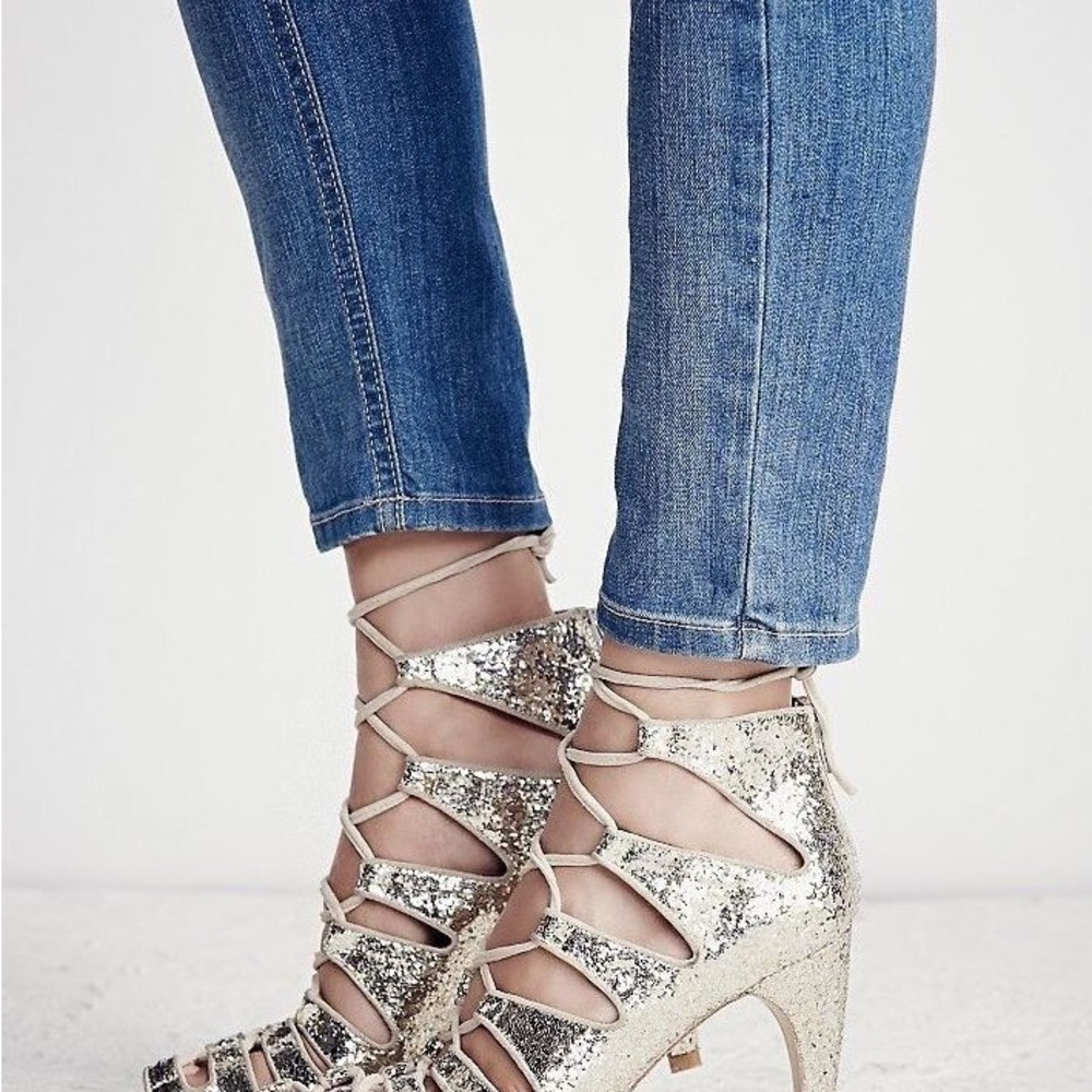 Jeffery Campbell for Free People Gold Sequin Lace Up Heels Gold Glitter Sz 9.5 - Picture 4 of 15